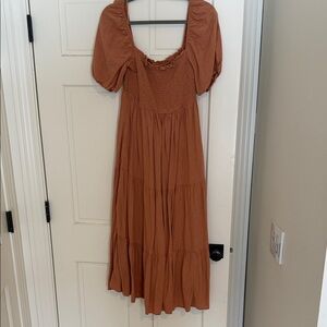 Abercrombie & Fitch Rust Brown Smocked Puff Sleeve Midi Dress